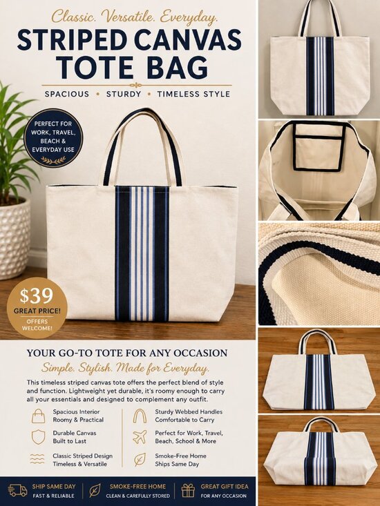 Handbags - One Kings Lane XL Canvas Stripe Tote Bag Navy White Beach Travel Weekender